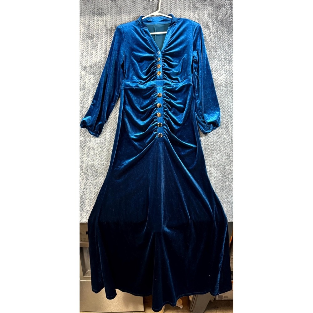 Womens Maxi Dress Medium Blue Stretch Velvet Ruched Long Sleeve Button Front
